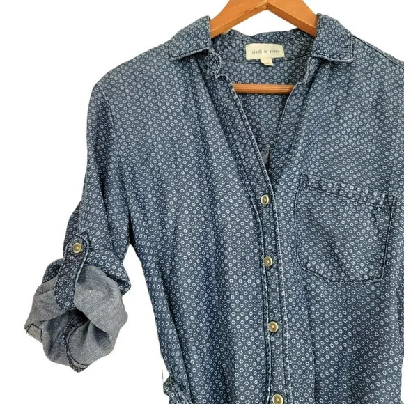 Cloth and Stone size xs Chambray Denim Printed Belted button down Tunic Top - Picture 8 of 10